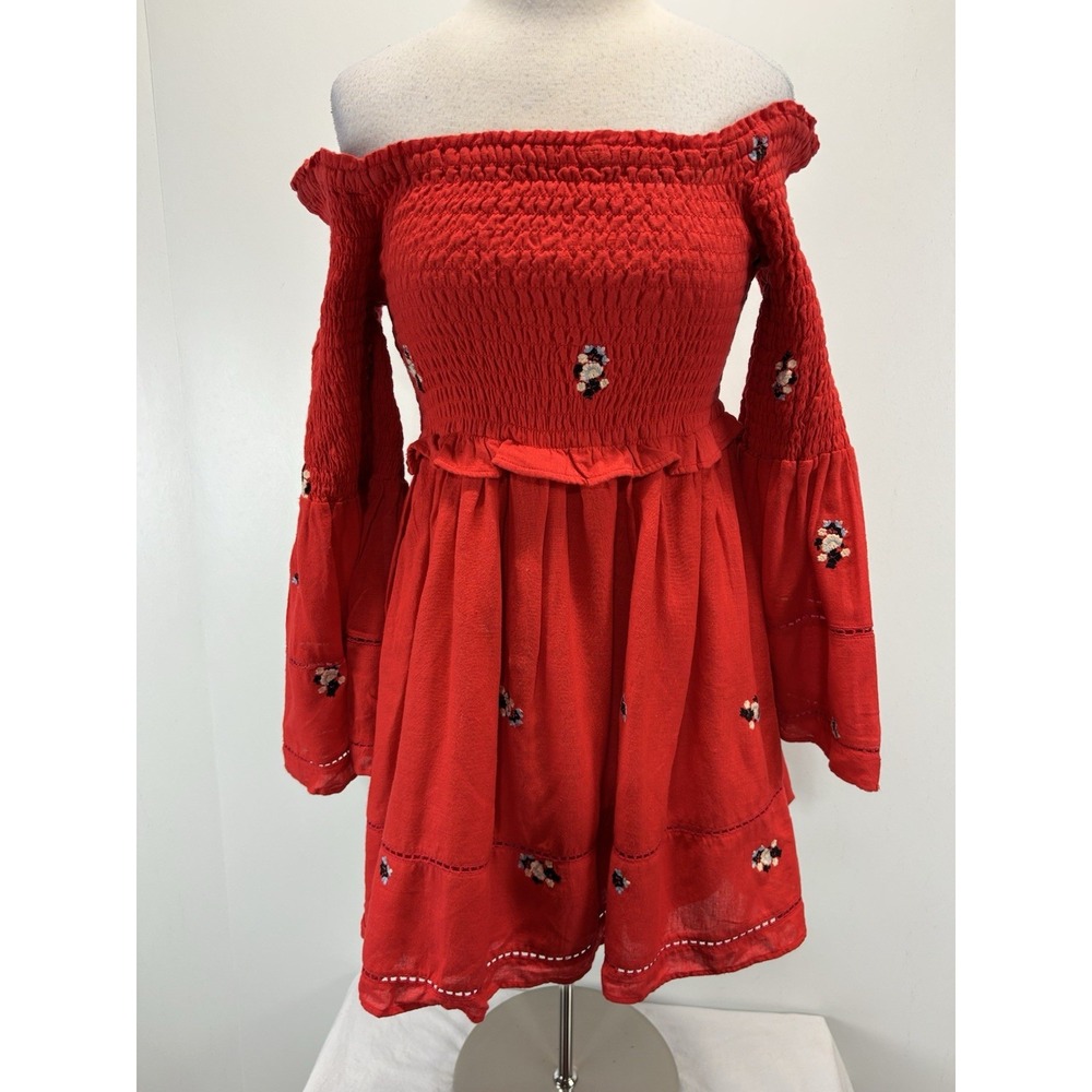 Free People Counting Daisies Embroidered Off the Shoulder Dress Red Women's M